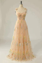 Bridesmaid Dress Websites, Romantic A-Line Spaghetti Straps Embroidery Long Prom Dress