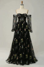 Elegant Prom Dress, Green Off The Shoulder Long  Sleeves A-Line Prom Dress With Embroidery