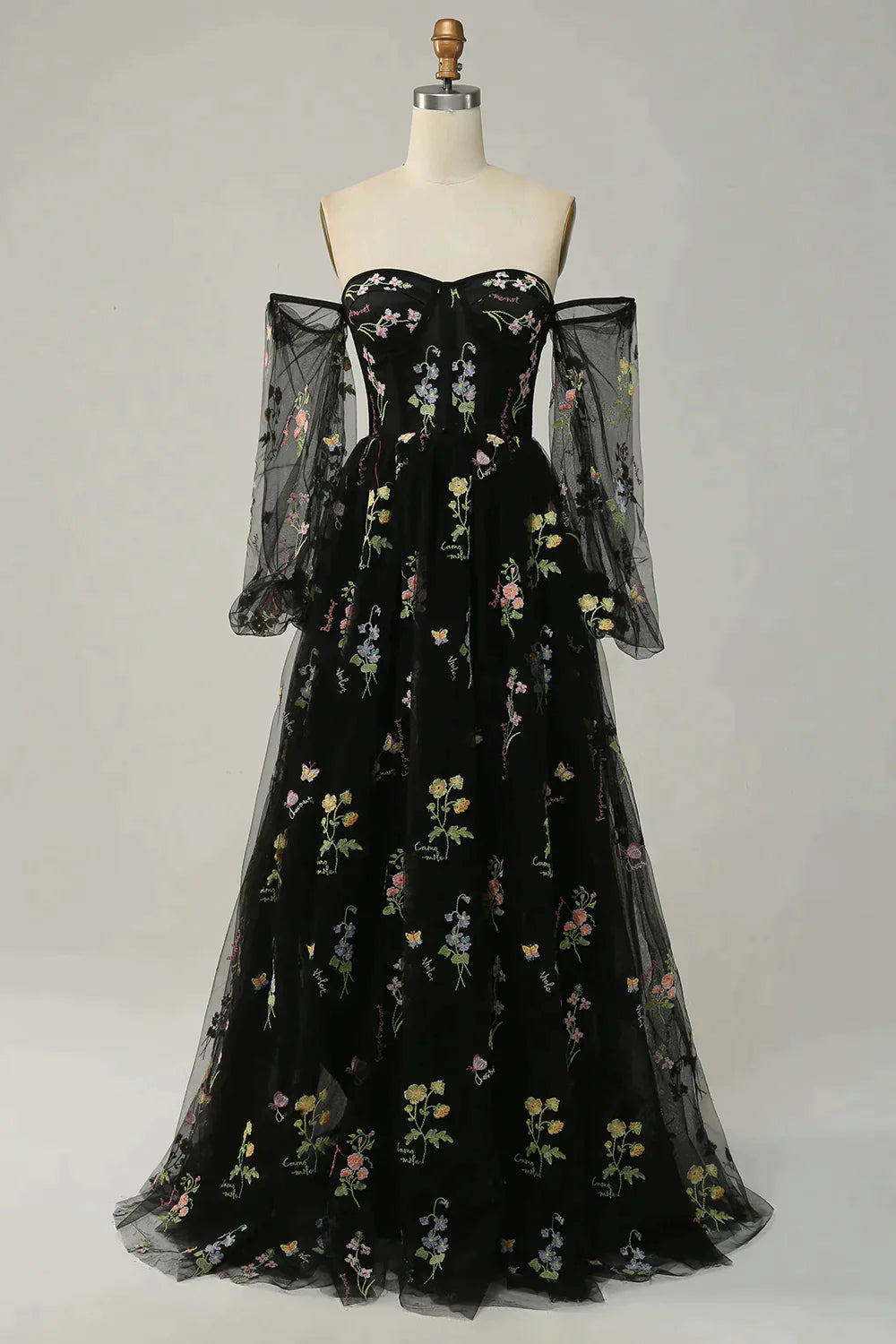 Elegant Prom Dress, Green Off The Shoulder Long  Sleeves A-Line Prom Dress With Embroidery