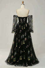 Spring Wedding Color, Green Off The Shoulder Long  Sleeves A-Line Prom Dress With Embroidery