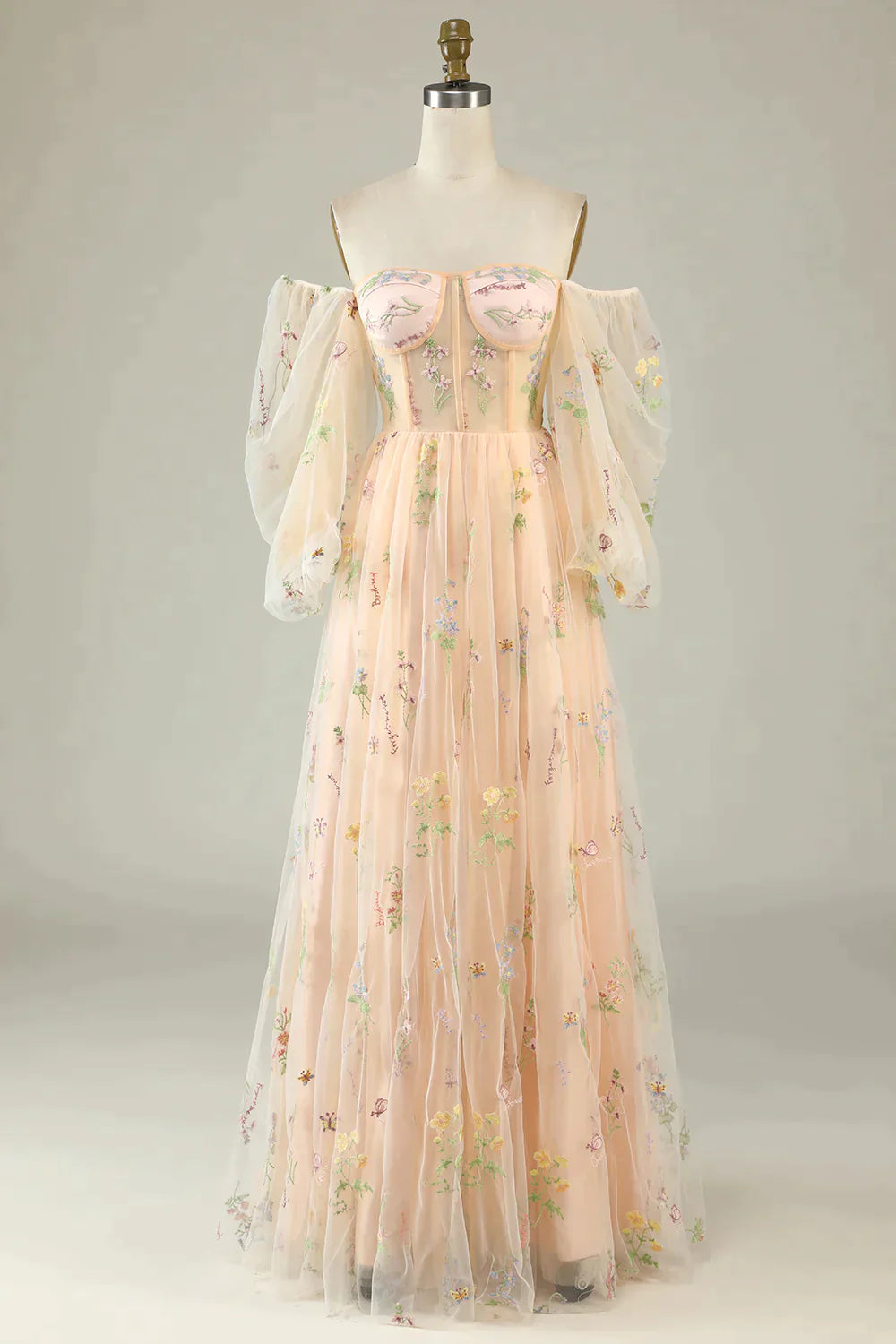 Prom Dress Long, Green Off The Shoulder Long  Sleeves A-Line Prom Dress With Embroidery