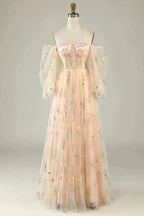 Prom Dress Long, Green Off The Shoulder Long  Sleeves A-Line Prom Dress With Embroidery