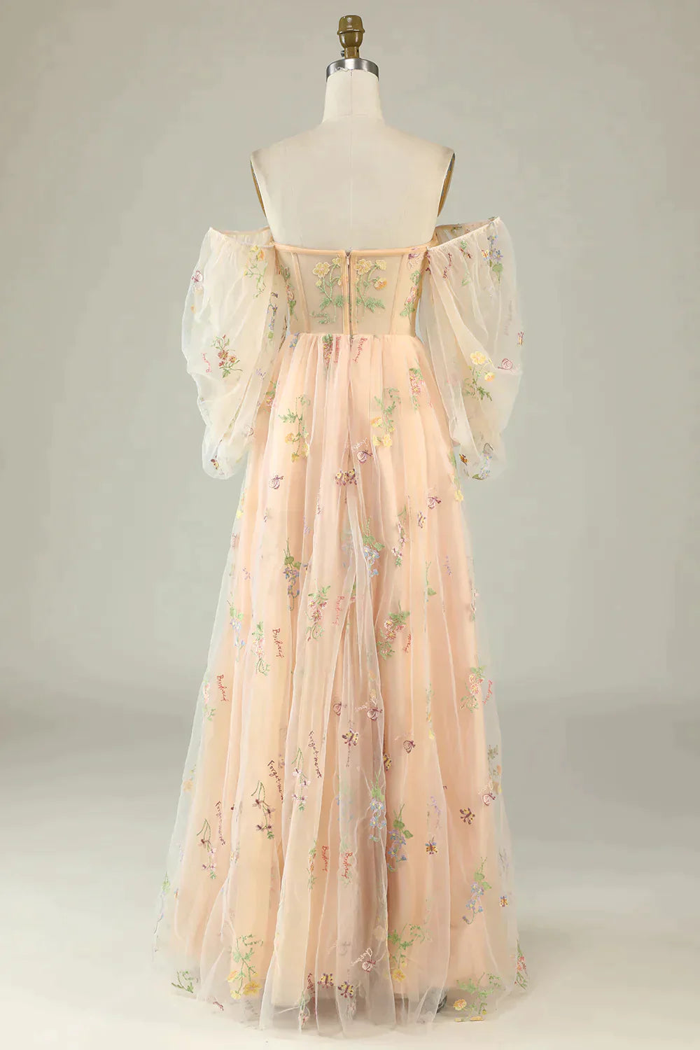 Midi Dress, Green Off The Shoulder Long  Sleeves A-Line Prom Dress With Embroidery