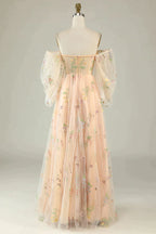 Midi Dress, Green Off The Shoulder Long  Sleeves A-Line Prom Dress With Embroidery