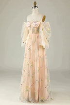 Simple Prom Dress, Green Off The Shoulder Long  Sleeves A-Line Prom Dress With Embroidery