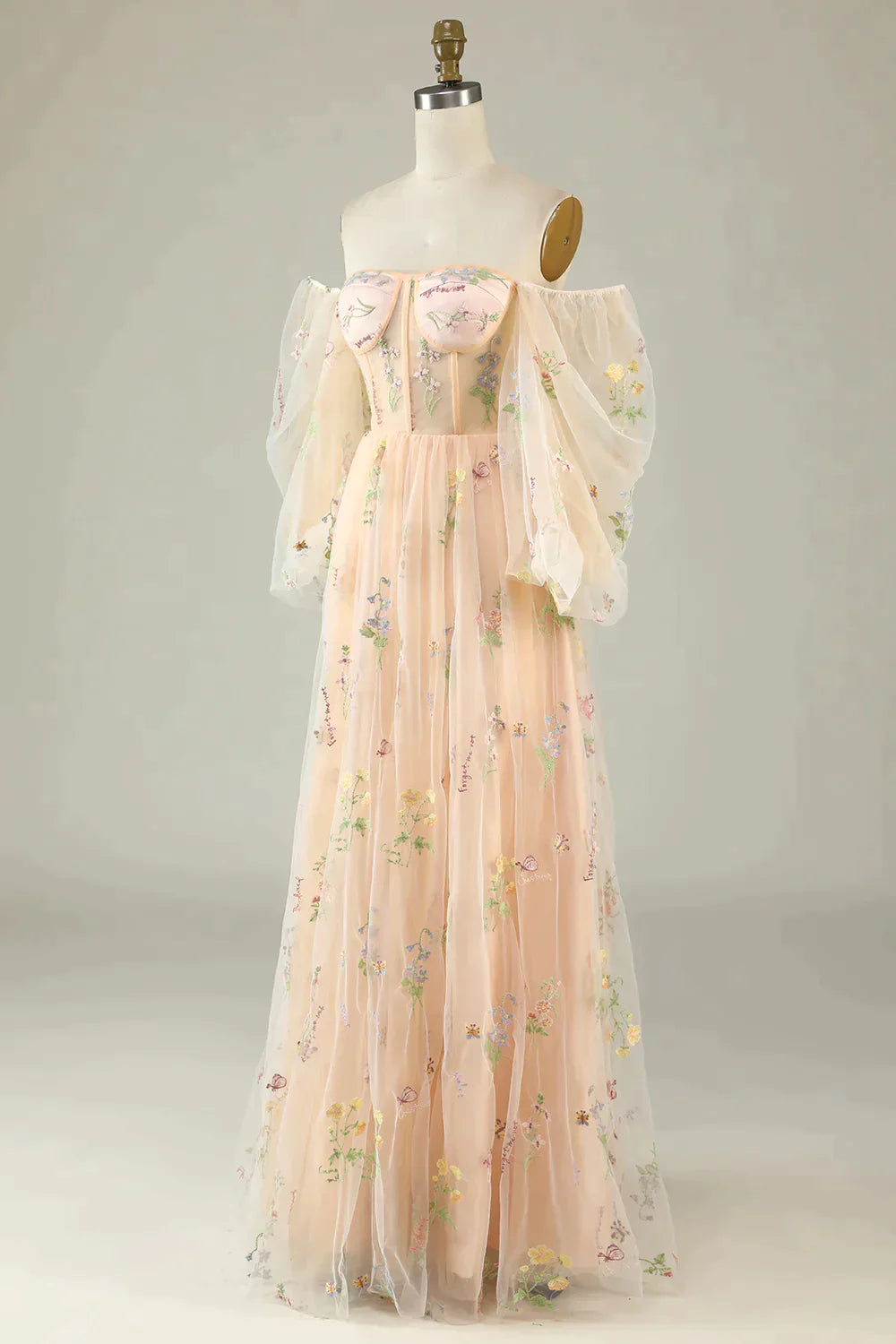 Simple Prom Dress, Green Off The Shoulder Long  Sleeves A-Line Prom Dress With Embroidery