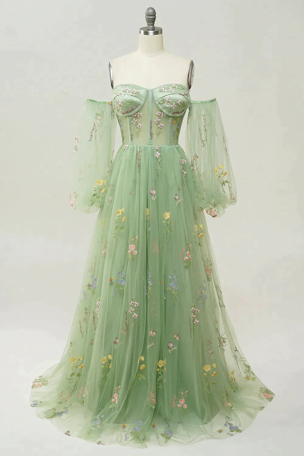 Unique Wedding Dress, Green Off The Shoulder Long  Sleeves A-Line Prom Dress With Embroidery