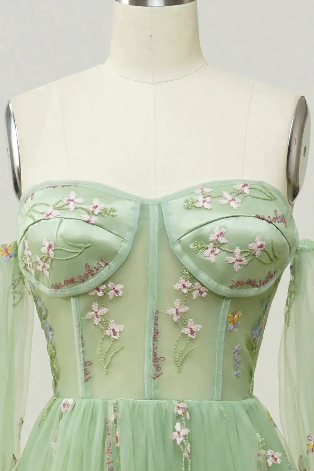 Summer Wedding, Green Off The Shoulder Long  Sleeves A-Line Prom Dress With Embroidery Main image