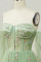 Bridal Shoes, Green Off The Shoulder Long  Sleeves A-Line Prom Dress With Embroidery