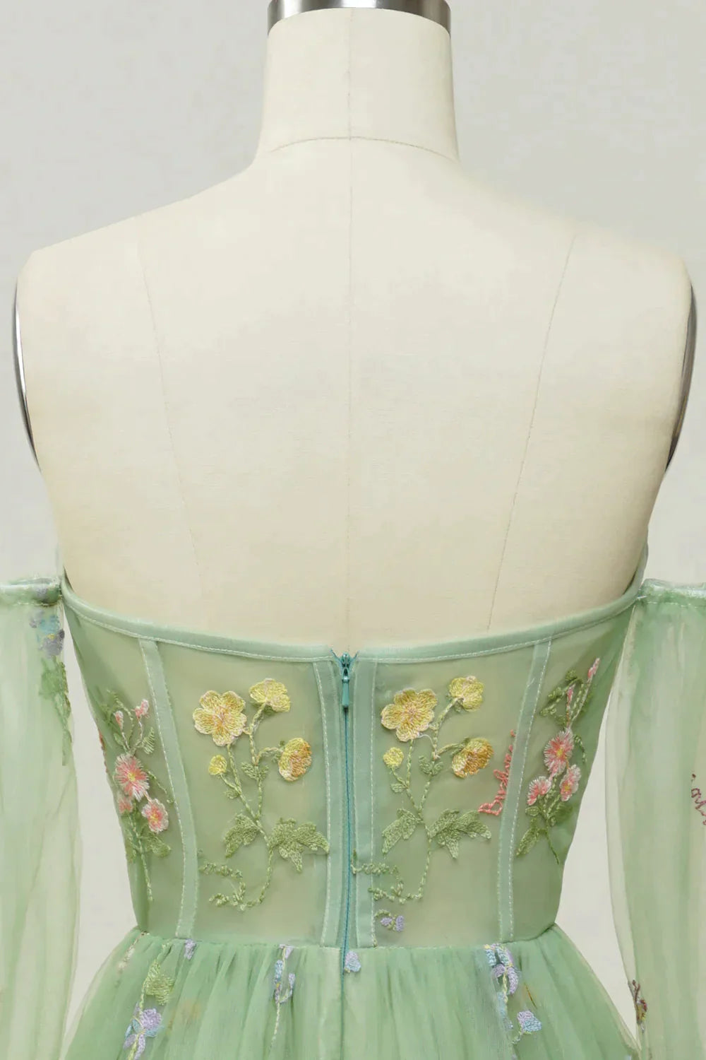 Ball Dress, Green Off The Shoulder Long  Sleeves A-Line Prom Dress With Embroidery