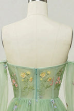 Ball Dress, Green Off The Shoulder Long  Sleeves A-Line Prom Dress With Embroidery