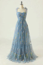 Bridesmaids Dresses Websites, Romantic A-Line Spaghetti Straps Embroidery Long Prom Dress