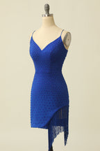 Party Dresses Night, Royal Blue Spaghetti Straps Homecoming Dress With Fringes