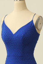 Party Dress For Night, Royal Blue Spaghetti Straps Homecoming Dress With Fringes