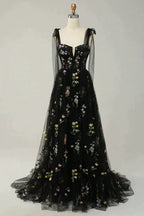 Party Dress Patterns, A-Line Tie Straps Zipper Back Long Prom Dress With Embroidery