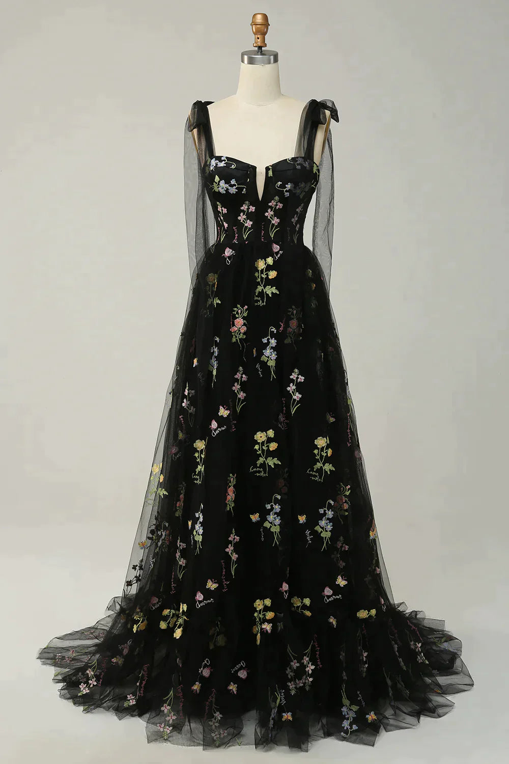 Party Dress Patterns, A-Line Tie Straps Zipper Back Long Prom Dress With Embroidery