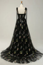 Party Dress Modest, A-Line Tie Straps Zipper Back Long Prom Dress With Embroidery
