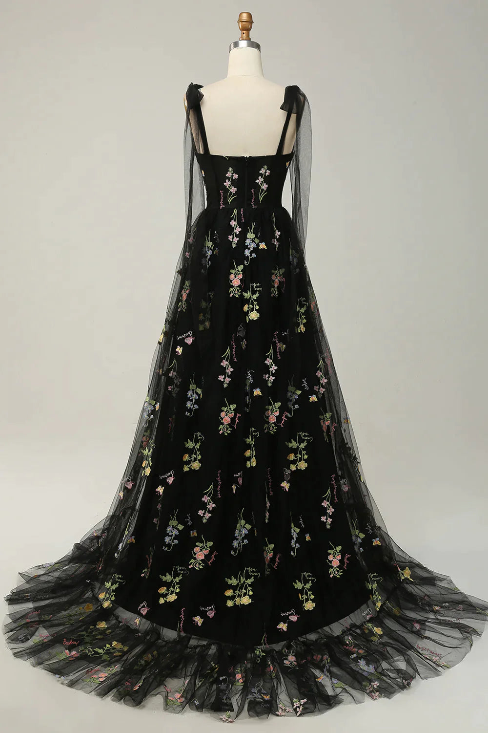 Party Dress Modest, A-Line Tie Straps Zipper Back Long Prom Dress With Embroidery