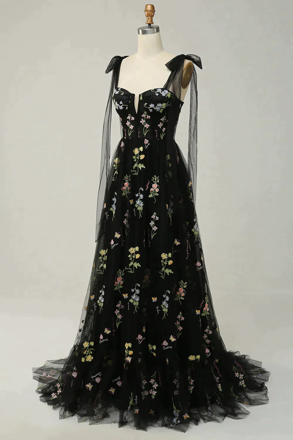 Party Dress Couple, A-Line Tie Straps Zipper Back Long Prom Dress With Embroidery