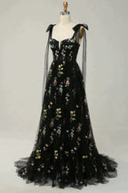 Party Dress Couple, A-Line Tie Straps Zipper Back Long Prom Dress With Embroidery