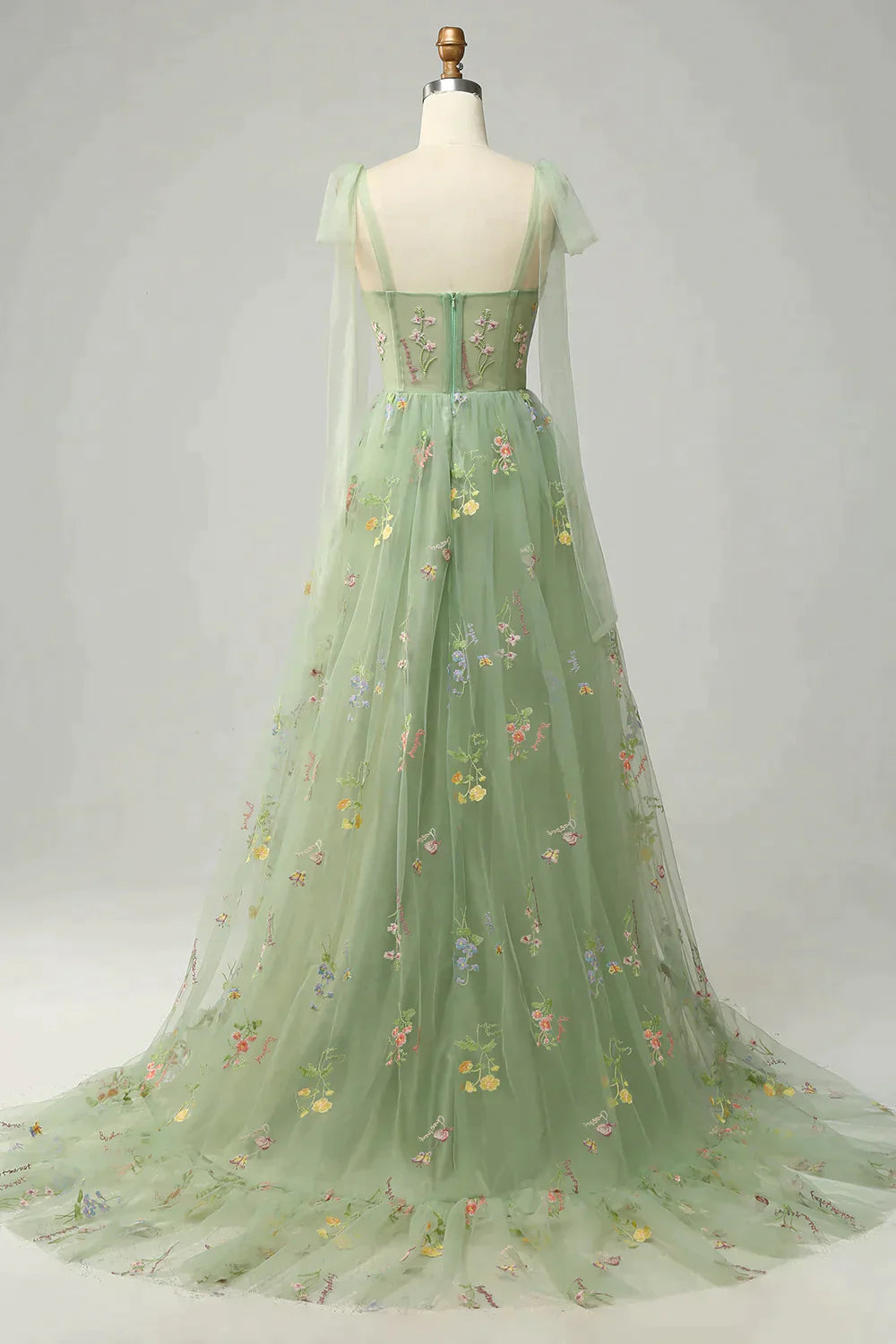 Party Dress Hijab, A-Line Tie Straps Zipper Back Long Prom Dress With Embroidery