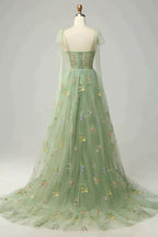 Party Dress Hijab, A-Line Tie Straps Zipper Back Long Prom Dress With Embroidery