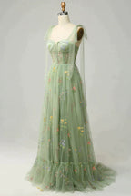 Party Dresses Modest, A-Line Tie Straps Zipper Back Long Prom Dress With Embroidery