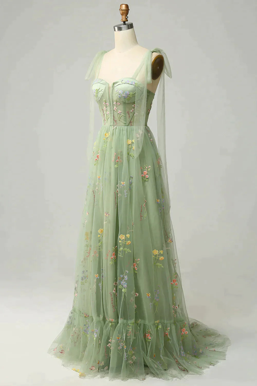 Party Dresses Modest, A-Line Tie Straps Zipper Back Long Prom Dress With Embroidery