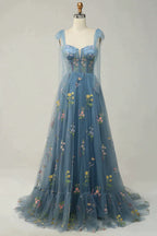 Party Dress Pattern Free, A-Line Tie Straps Zipper Back Long Prom Dress With Embroidery