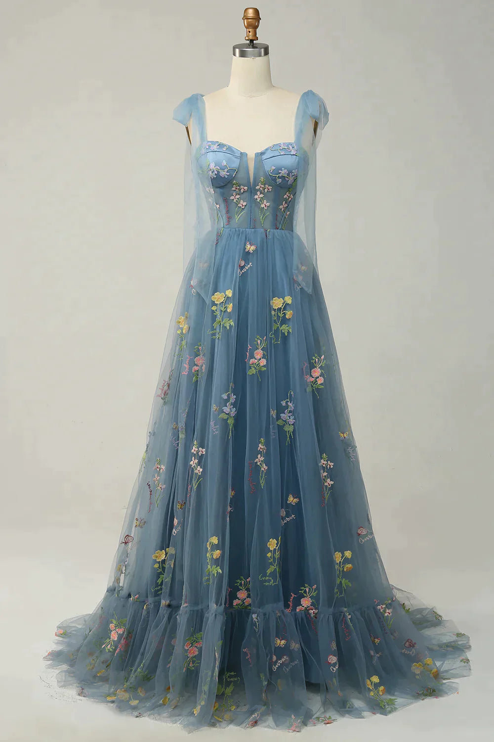 Party Dress Pattern Free, A-Line Tie Straps Zipper Back Long Prom Dress With Embroidery