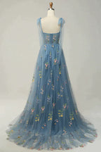 Party Dresses Short Tight, A-Line Tie Straps Zipper Back Long Prom Dress With Embroidery
