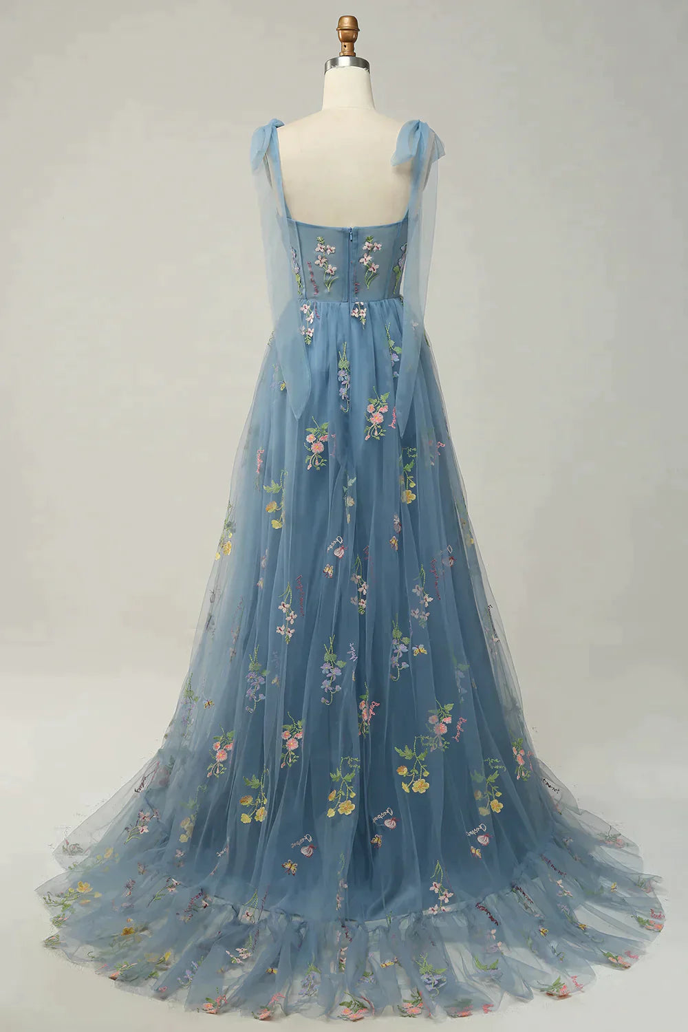 Party Dresses Short Tight, A-Line Tie Straps Zipper Back Long Prom Dress With Embroidery