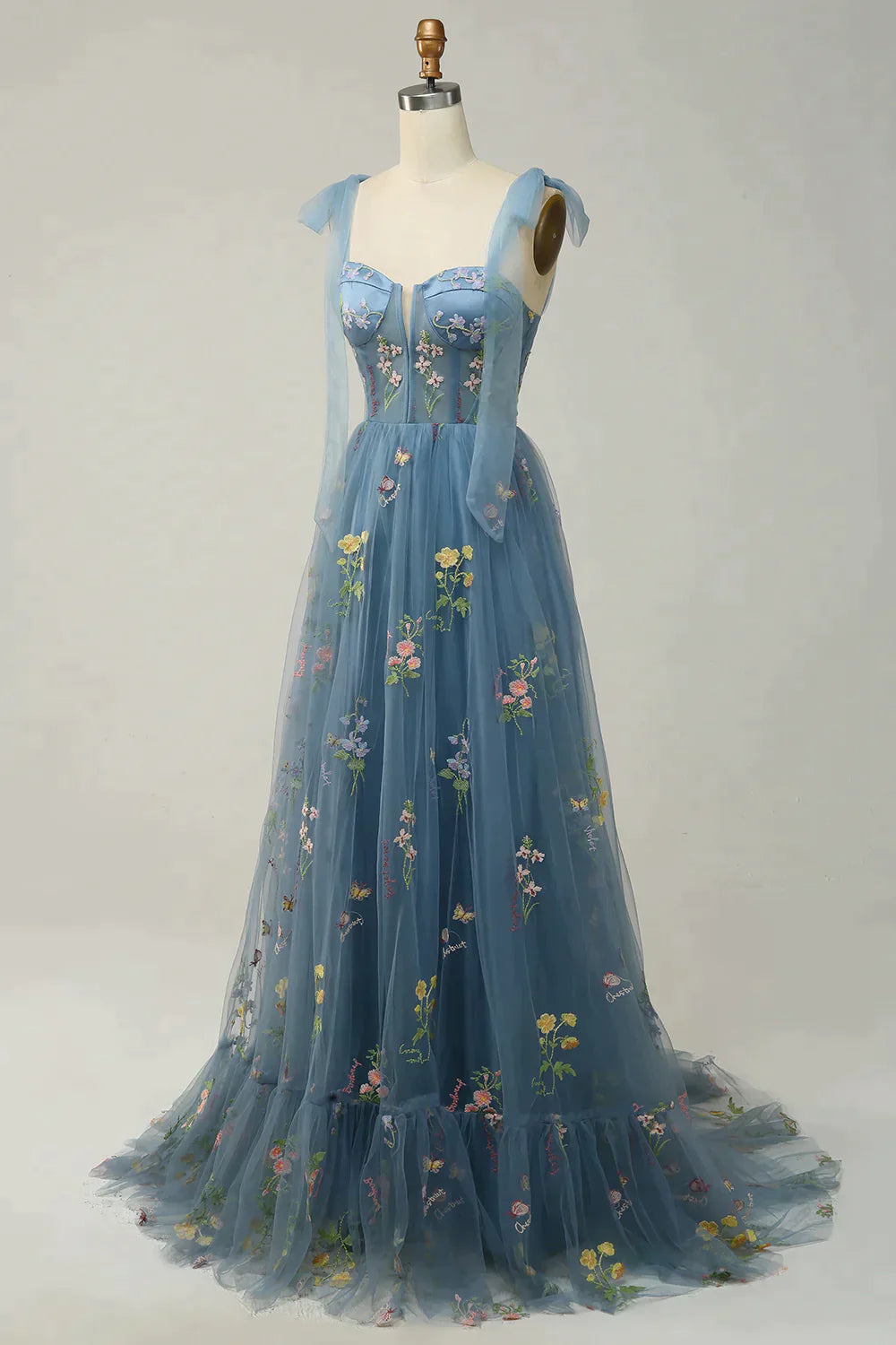 Party Dress For Babies, A-Line Tie Straps Zipper Back Long Prom Dress With Embroidery