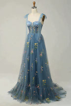 Party Dress For Babies, A-Line Tie Straps Zipper Back Long Prom Dress With Embroidery