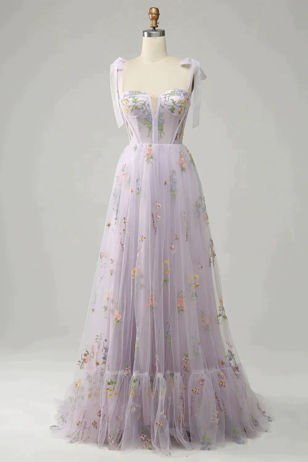 Winter Dress, A-Line Tie Straps Zipper Back Long Prom Dress With Embroidery