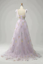 Party Dresses And Jumpsuits, A-Line Tie Straps Zipper Back Long Prom Dress With Embroidery