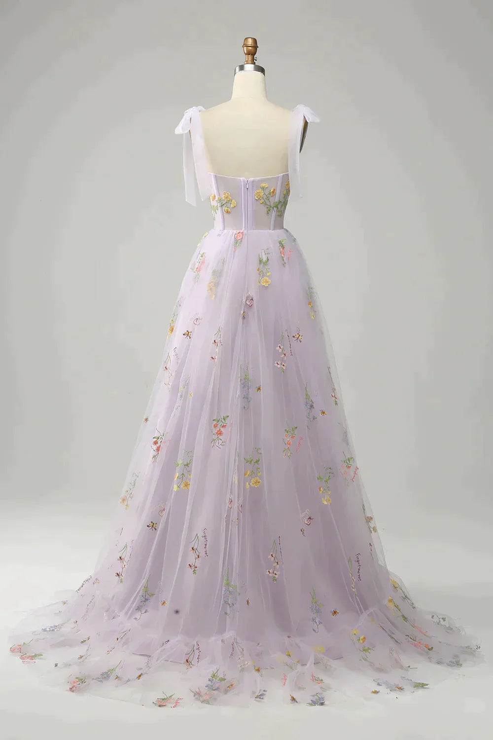 Party Dresses And Jumpsuits, A-Line Tie Straps Zipper Back Long Prom Dress With Embroidery