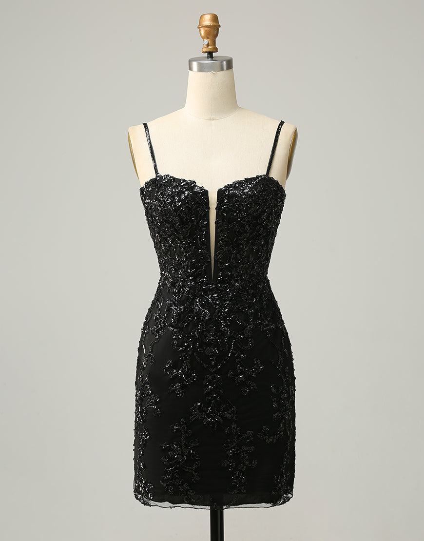 Party Dress Miami, Black Spaghetti Straps Corset Back Sequin Homecoming Dress