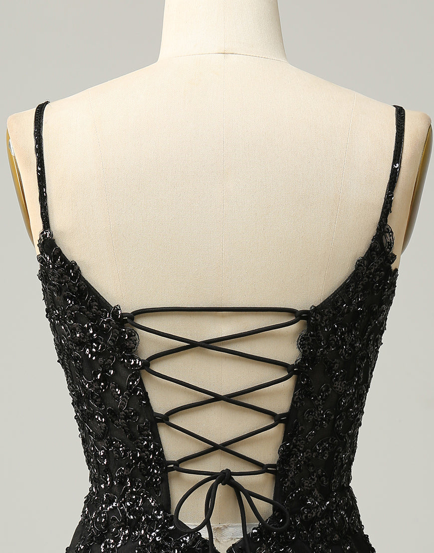 Party Dresses Classy Christmas, Black Spaghetti Straps Corset Back Sequin Homecoming Dress