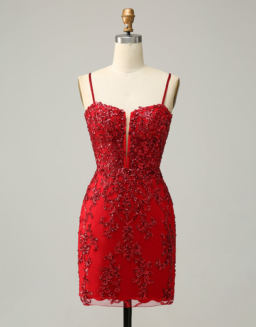 Bridesmaids Dress Styles Long, Red Sheath Corset Back Short Sequin Homecoming Dress