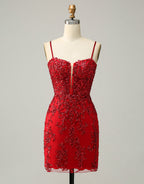 Bridesmaids Dress Styles Long, Red Sheath Corset Back Short Sequin Homecoming Dress