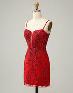 Bridesmaid Dresses Designers, Red Sheath Corset Back Short Sequin Homecoming Dress
