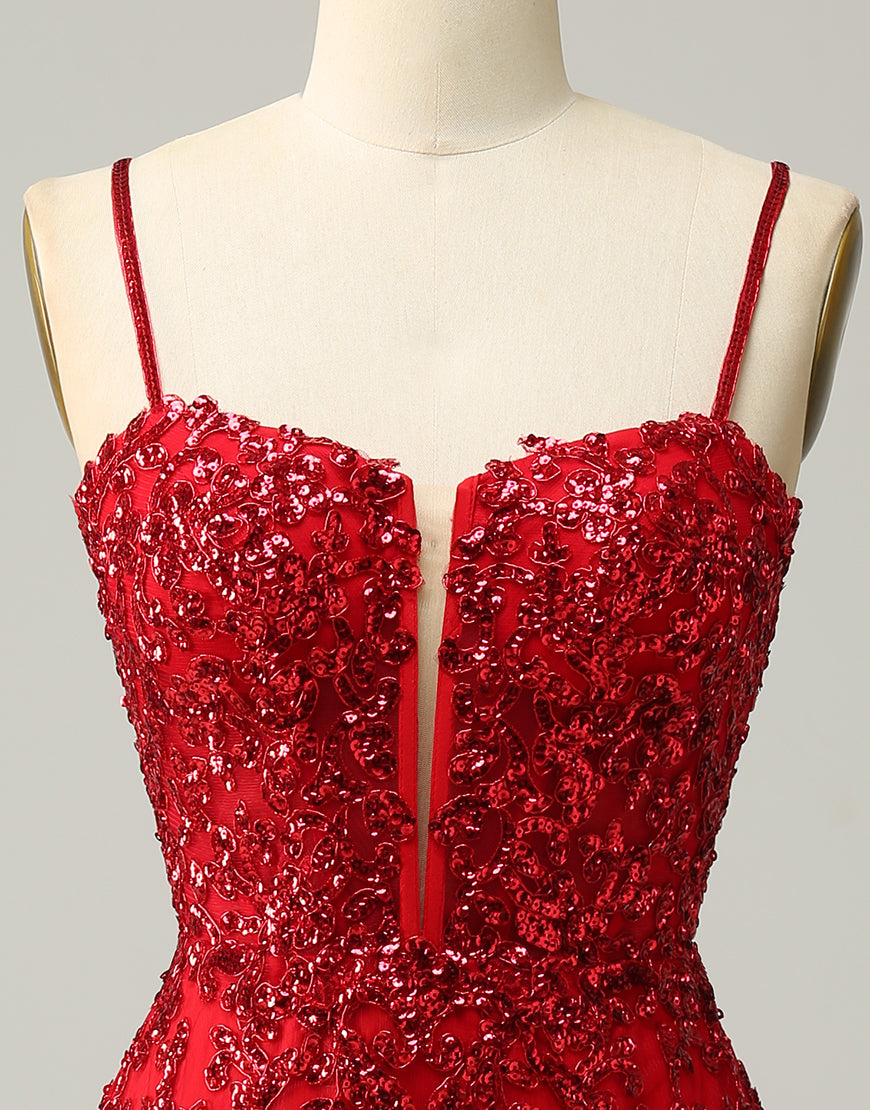 Bridesmaids Dresses Online, Red Sheath Corset Back Short Sequin Homecoming Dress Main image