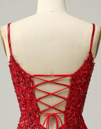 Bridesmaid Dress Shops Near Me, Red Sheath Corset Back Short Sequin Homecoming Dress
