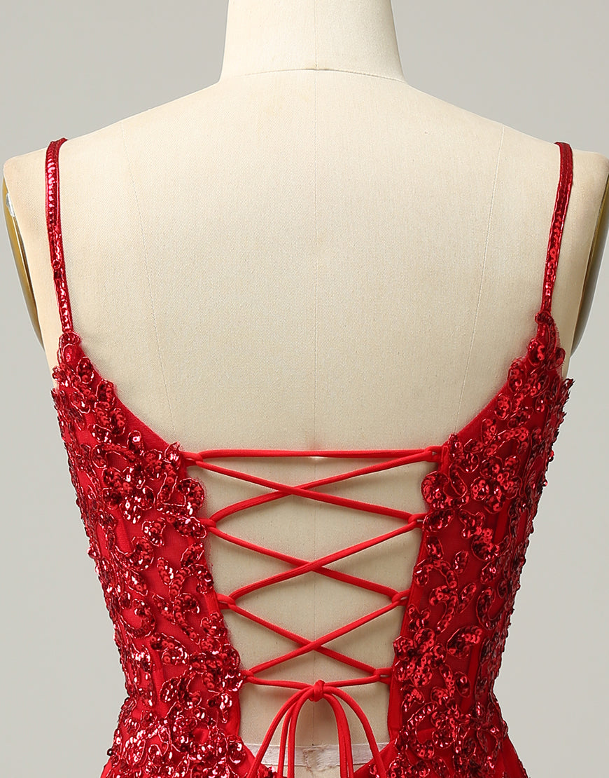 Bridesmaid Dress Shops Near Me, Red Sheath Corset Back Short Sequin Homecoming Dress