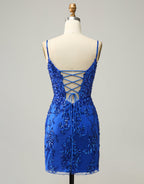 Bridesmaid Dress For Beach Wedding, Red Sheath Corset Back Short Sequin Homecoming Dress