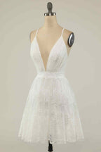 Party Dress Casual, A-line Deep V Neck Crossed Back Embroidery Mini Homecoming Dress