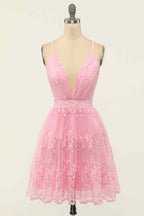Party Dress Classy, A-line Deep V Neck Crossed Back Embroidery Mini Homecoming Dress