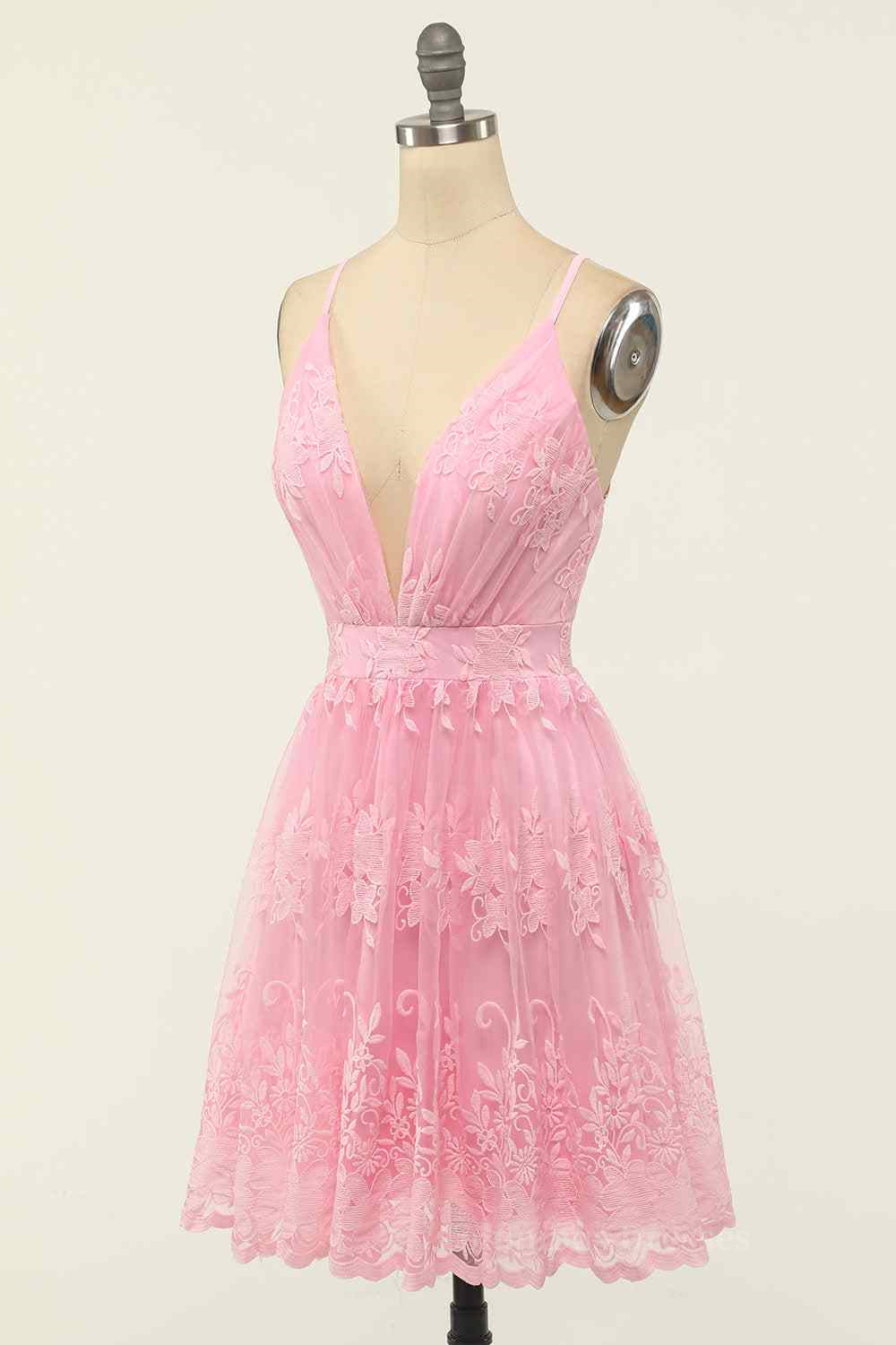 Party Dresses Outfit, A-line Deep V Neck Crossed Back Embroidery Mini Homecoming Dress