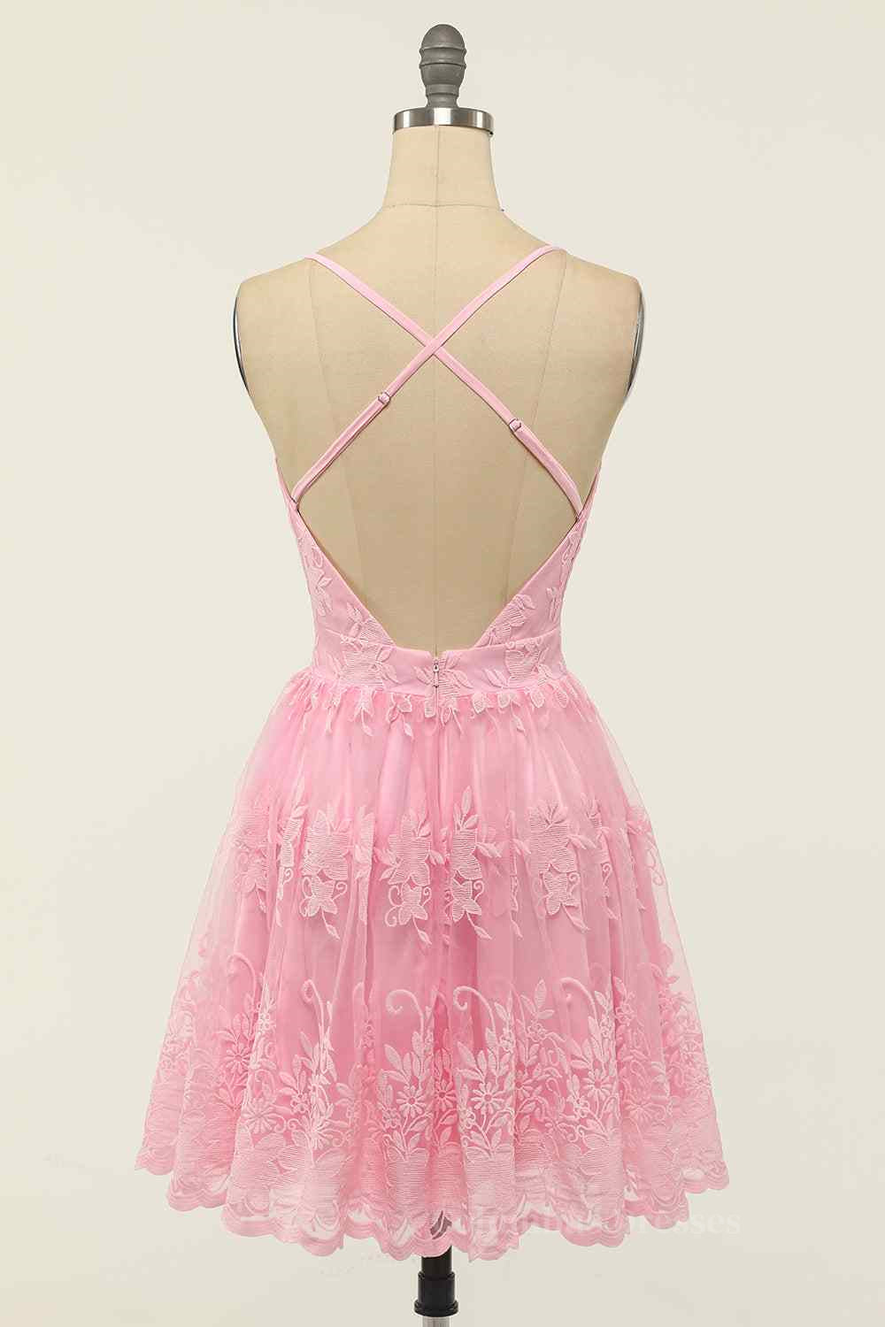 Party Dresses Outfits, A-line Deep V Neck Crossed Back Embroidery Mini Homecoming Dress
